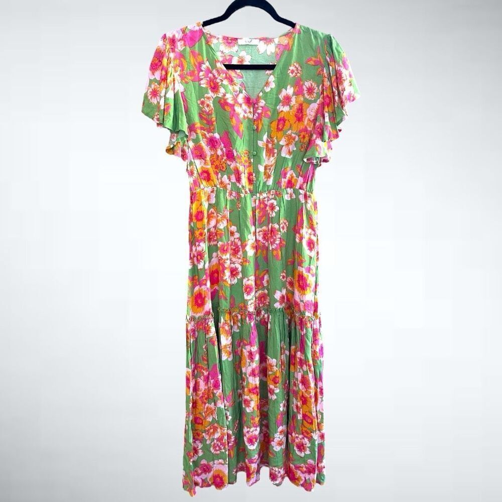 Easel Los Angeles Ruffled Sleeves Floral Midi Dress